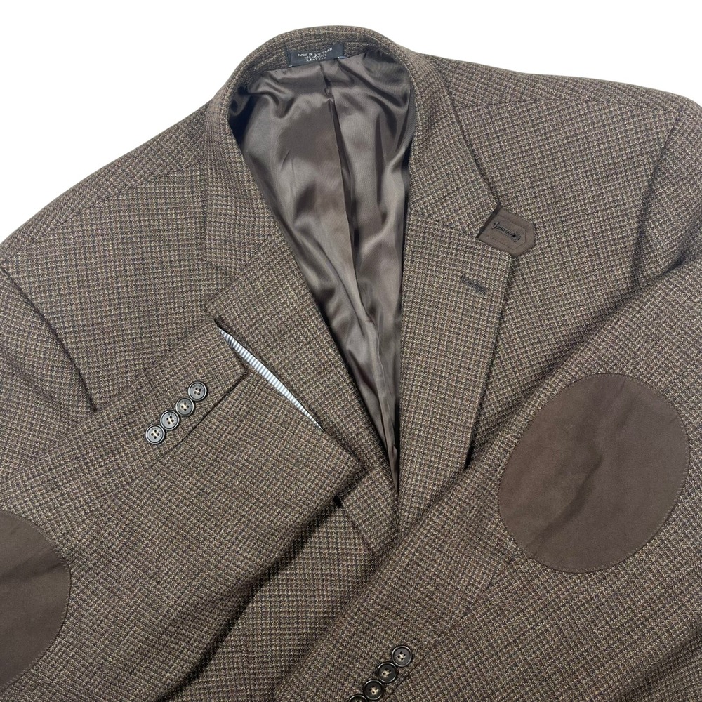 Tommy‎ Hilfiger Wool Two-Button Blazer Mens 48R Brown Micro-Check Elbow Patches